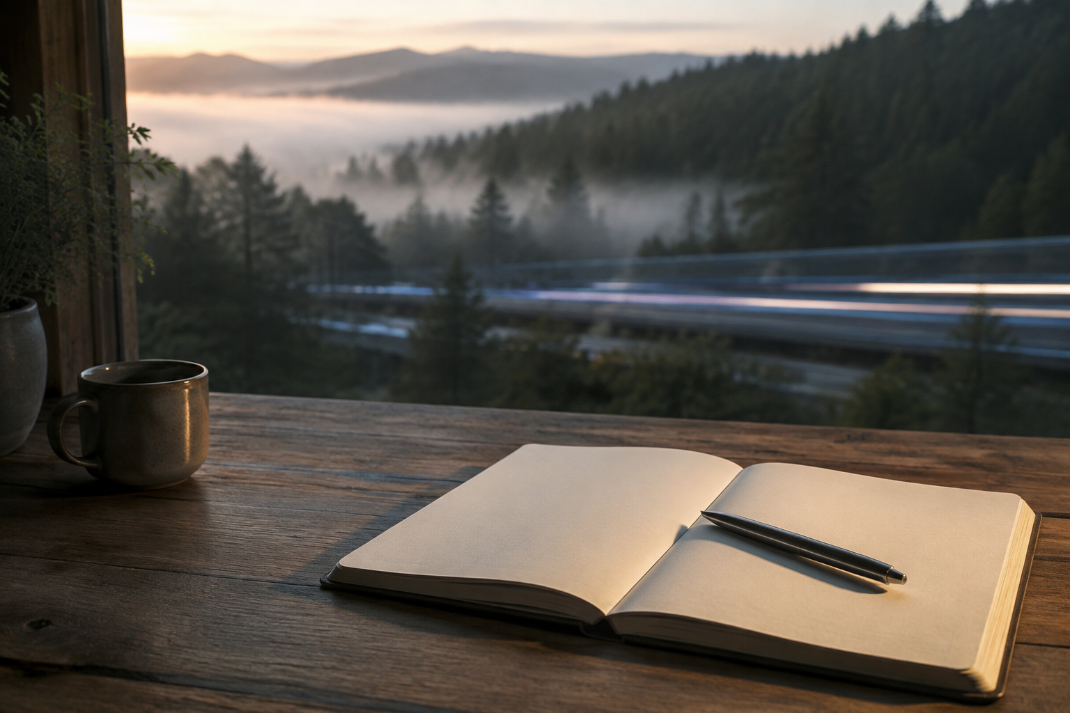 An open notebook rests in warm light while cool streaks move across a misty landscape beyond the window
