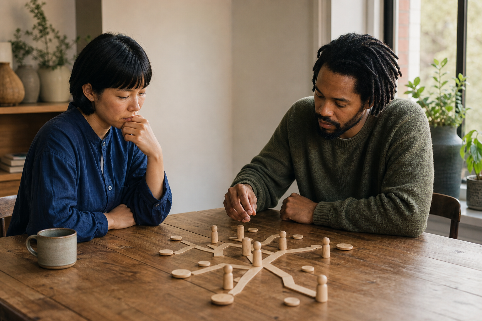 Two people reflecting over branching wooden game paths