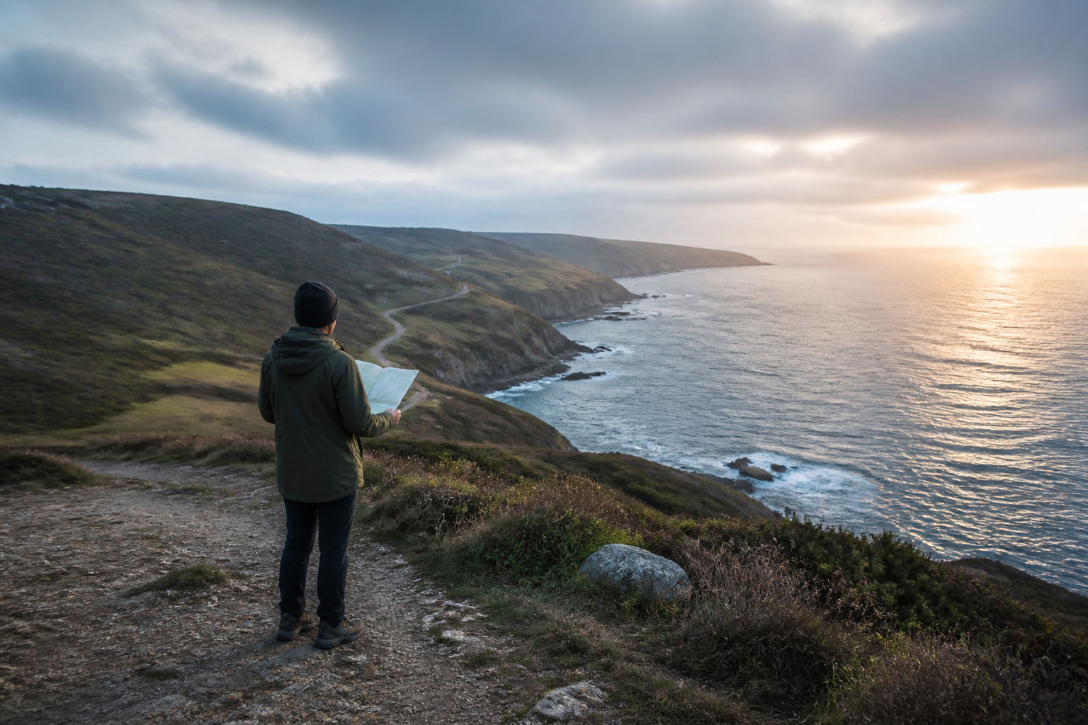 A traveler studying a map above a coastal trail at sunrise