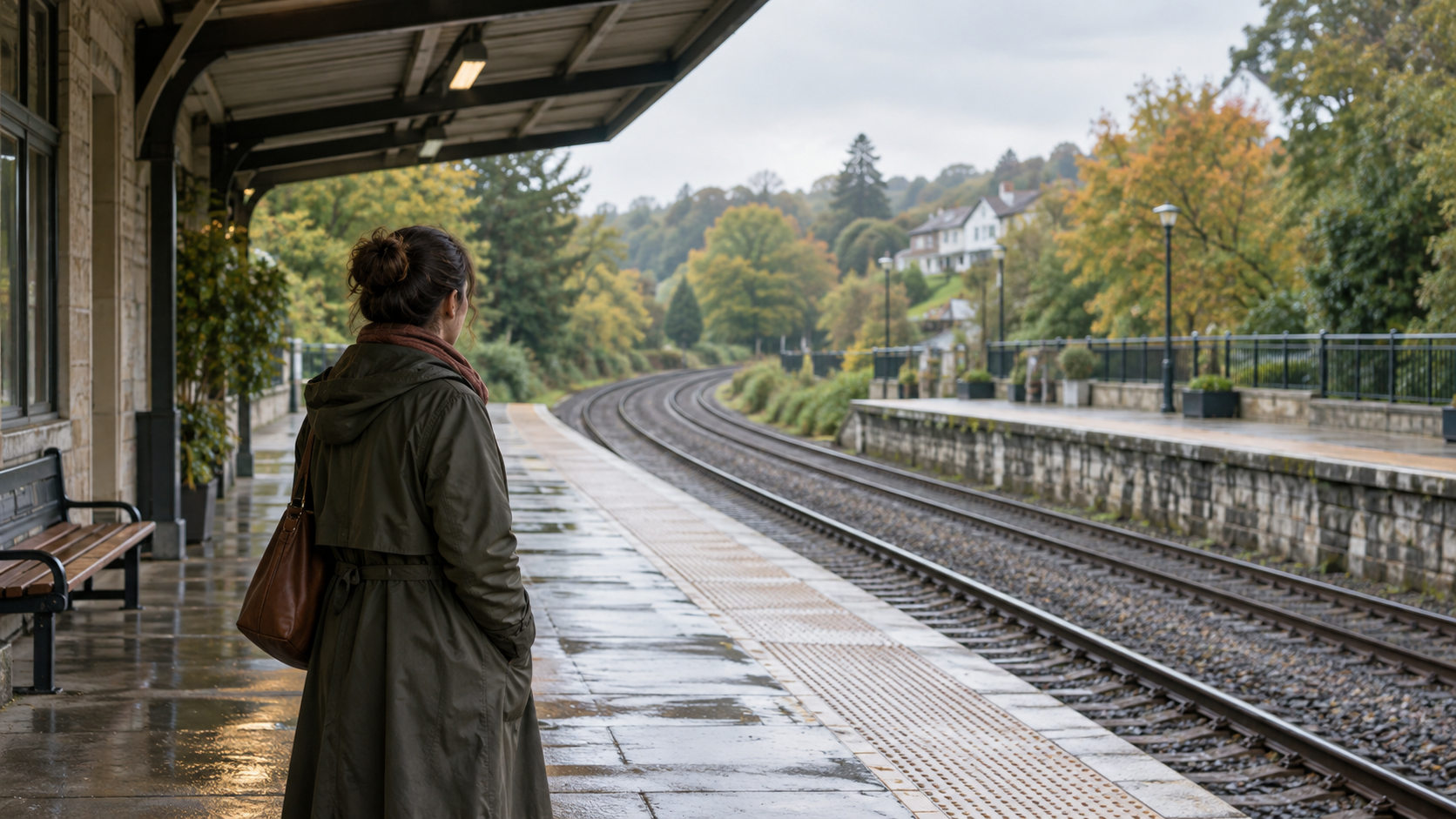 A person waits beneath a railway platform shelter after rain, looking toward tracks that curve out of sight