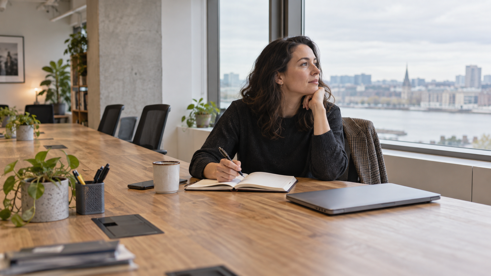 A professional pauses over a notebook beside an office window, with empty chairs along a shared table.