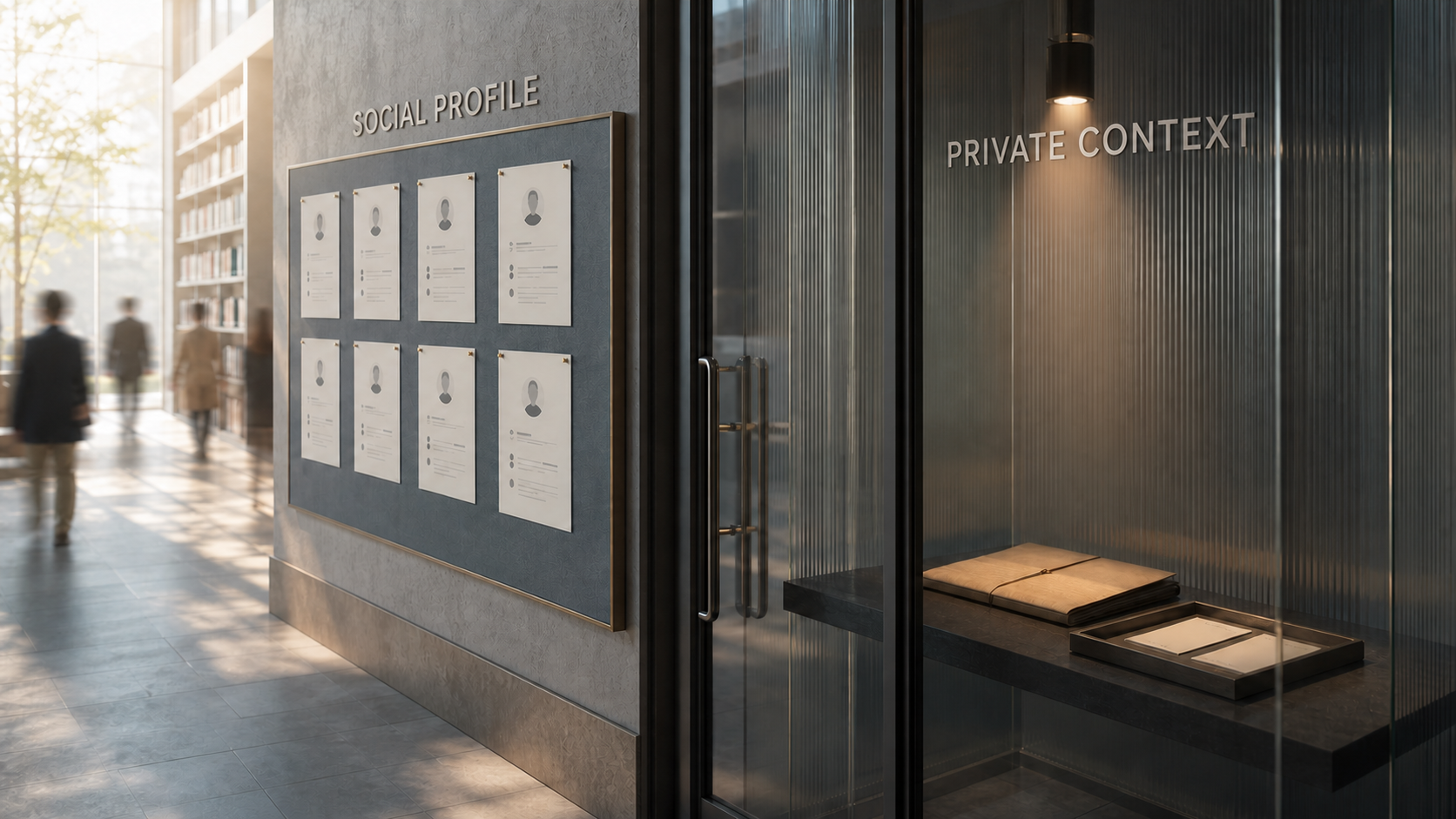 A public noticeboard labeled Social Profile beside a glass room labeled Private Context