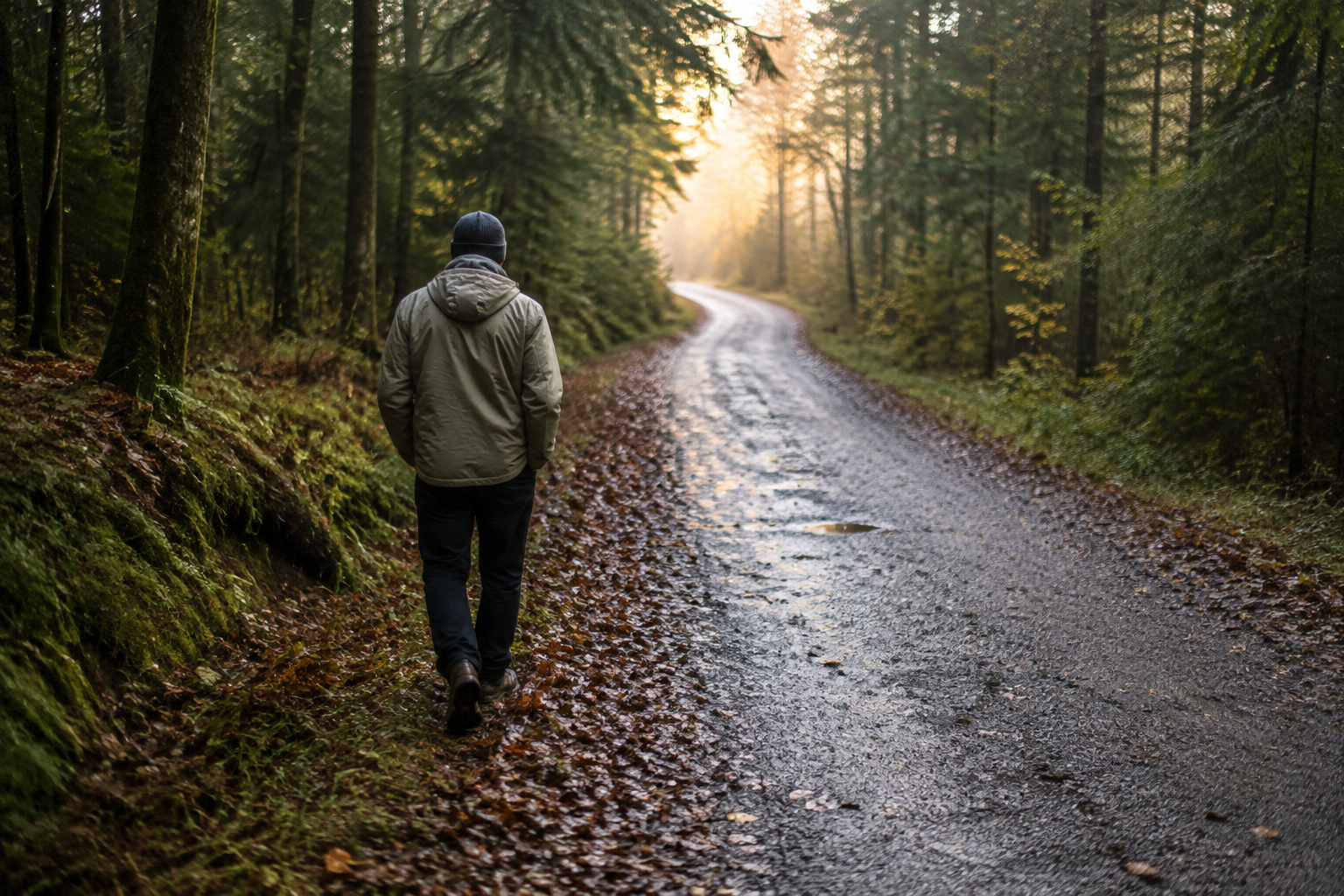 A person steps back onto a quiet woodland road after rain, with warm light visible farther along the path