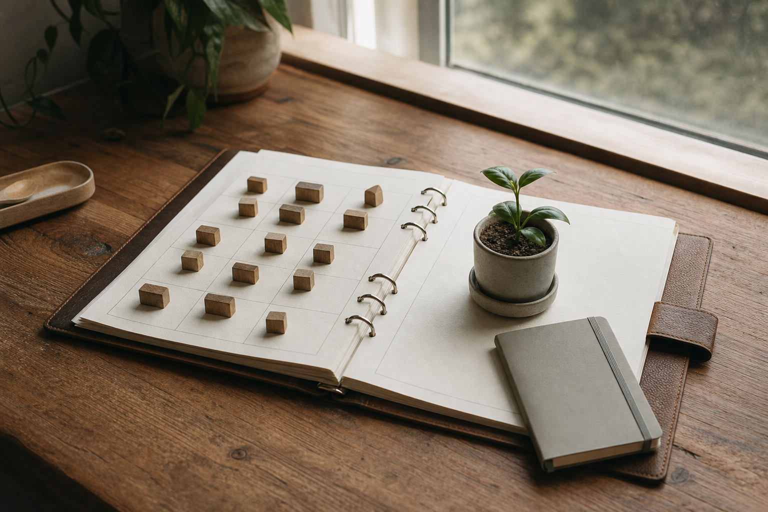 An open weekly planner with wooden blocks filling most spaces while a seedling and notebook occupy a protected open area