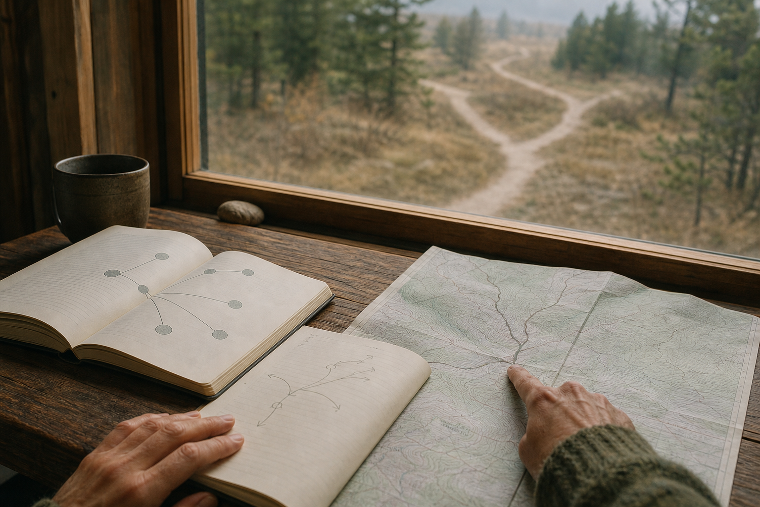An open framework book, a notebook, and a map beside a branching trail
